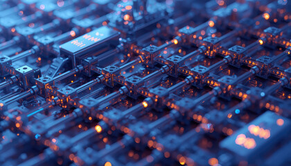 Obraz premium Quantum computing chip circuit array glowing blue and orange lights