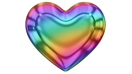 Glossy rainbow colored heart shape with iridescent gradient effect isolated on a transparent background