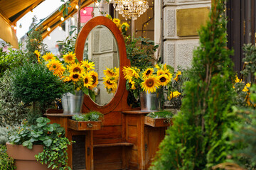 external porch patio decorative vintage still life cottage core aesthetic aged furniture mirror wooden frame and sun flowers with plant