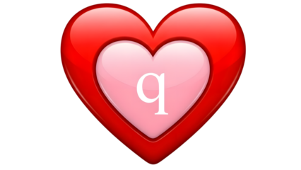 Glossy red heart with white center and lowercase letter q isolated on a transparent background glossy heart