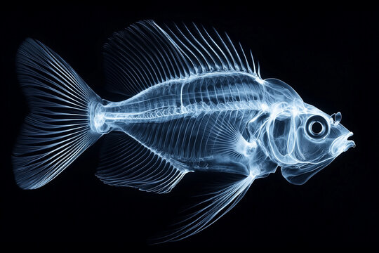 A captivating x-ray image showcasing the intricate skeletal structure of a fish against a black background. The fine details reveal the delicate bones and fins, creating a mesmerizing visual effect.