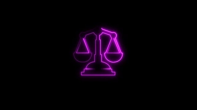 Glowing neon line Scales of justice icon isolated on black background. Court of law symbol. scale sign Glowing Symbol &ndash;Justice Scale Loop. Neon Scales of Justice &ndash; Legal Concept Background