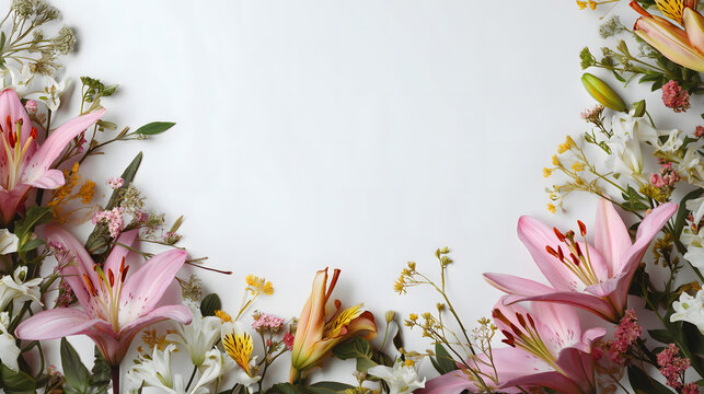 A beautiful floral arrangement pink lilies and white flowers on a plain background