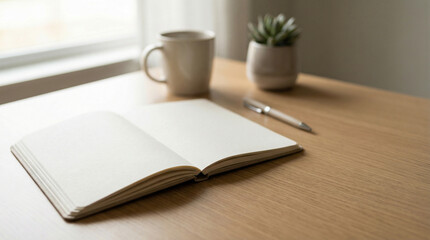 Open notebook with blank pages on a desk. New beginnings and creative planning