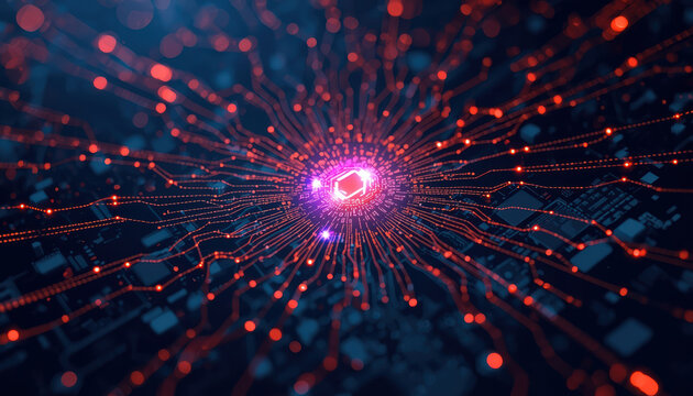 Quantum computing chip benchmark network with glowing connections and circuit board texture