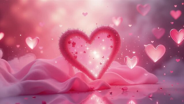 Sparkling Pink Hearts Against Soft Fabric Background