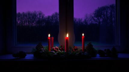 Candle wreath with red berries and pine cones by window
