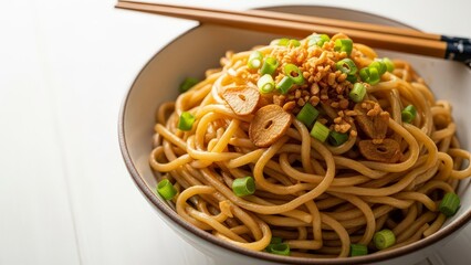 Savory Asian Noodles with Garlic and Scallions in Bowl