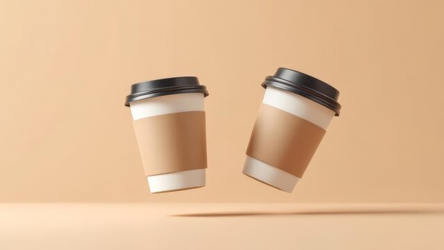 Two takeaway coffee cups mockup with paper sleeves and black lids floating on a soft beige background. Clean minimal product photography ideal for branding, cafe promotion, packaging, and beverage con