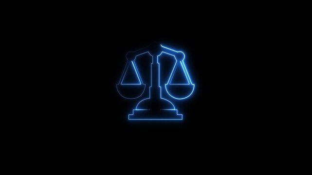 Glowing neon line Scales of justice icon isolated on black background. Court of law symbol. scale sign Glowing Symbol &ndash;Justice Scale Loop. Neon Scales of Justice &ndash; Legal Concept Background.