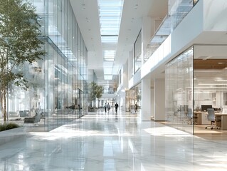 Modern office hallway with glass walls