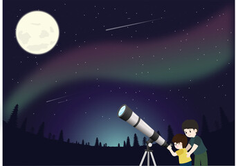 The mysterious night sky moment when parents and children look at the moon and stars through a telescope