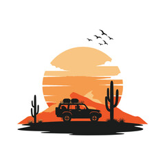 Desert landscape with sand dunes at sunrise or sunset.