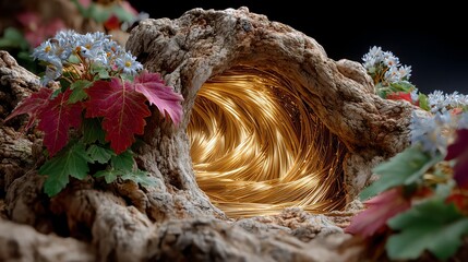 Golden Light in Cave Entrance with Flowers