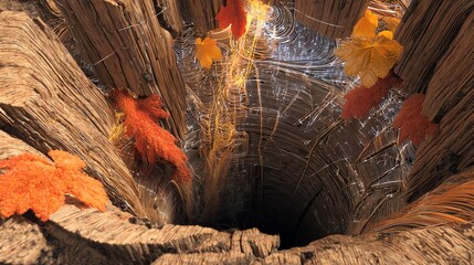 Tree Hole with Leaves and Web