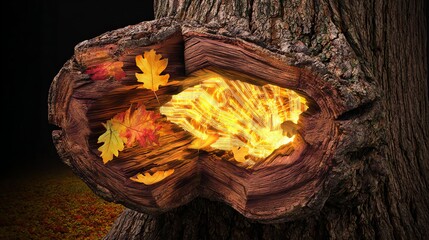 Tree Hollow with Autumn Leaves and Glowing Interior