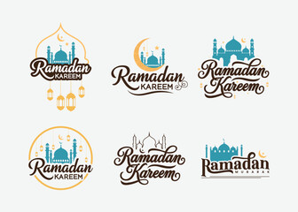 Happy Ramadan Kareem holy month of fasting logo set featuring decorative crescent moon, shining stars, hanging lanterns and beautiful mosque silhouette illustration. © Md Hamim