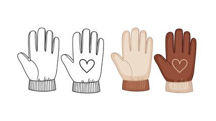 Obraz premium a detailed illustration depicts three different colored gloves showcasing hands and a small heart design on each