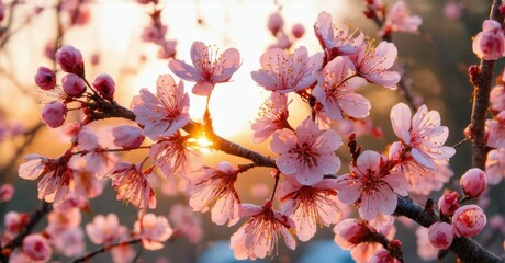 Pink blossoms bloom against bright sun. Delicate petals create soft, warm spring scene. Beautiful nature display.