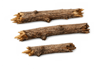 Dry wood branches with textured bark, broken sticks for kindling, natural forest elements on transparent background