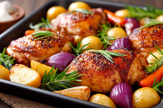 Juicy roasted chicken thighs with vegetables and herbs on a baking tray Generative AI