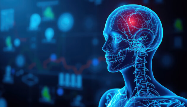 Neon blue medical illustration of human skull and brain highlighting red injury site with