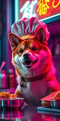 Glow-punk Shiba, neon kitchen, chef's hat tilted, ready for byte-sized delights,  food,  white