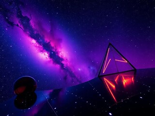 Galactic panorama, amethyst nebula bleeds into star-dusted geometry, a Dutch angle reveals cosmic depth, Space,  artistic