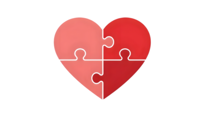 Heart shaped puzzle pieces in red and pink forming a complete heart isolated on a transparent background