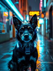 Cyberpunk canine, bathed in electric blue, a digital sentinel in a rain-slicked alley,  AI dog,  digital pet