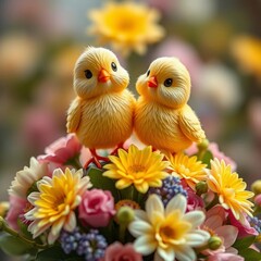 Charming chick figurines perch atop a floral arrangement, easter,  spring decor