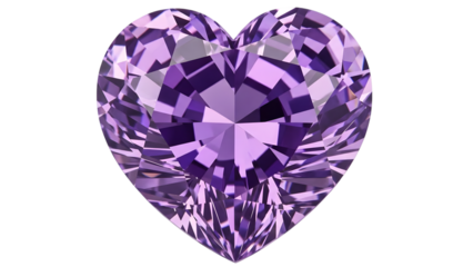 Heart shaped purple gemstone with geometric facets and vibrant reflections isolated on a transparent background