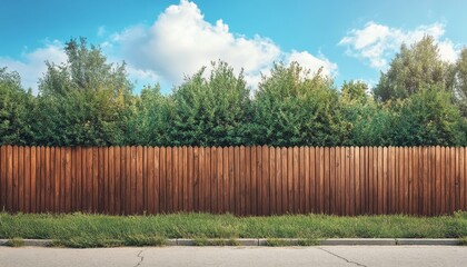 A wooden fence stands tall against a backdrop of lush green trees and a clear blue sky creating a serene outdoor environment