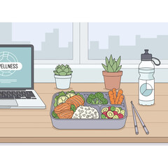Fototapeta premium Healthy Lunchtime Workspace Scene Featuring a Bento Box, Laptop, and Hydration Essential