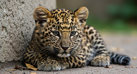 Fototapeta premium Cute baby leopard cub patiently rests in soft morning light showing off its magnificent spotted coat pattern.. AI Generated