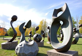 Abstract bronze sculptures arranged outdoors in Romania,  modern,   city