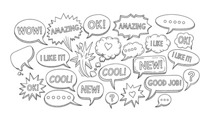 Hand-drawn speech bubbles with positive words and symbols Keywords: speech bubble, text, word, message, communication, dialogue, thought, idea, exclamation, question, wow, amazing, ok, cool, new