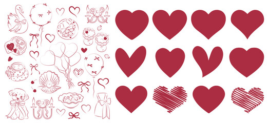 Valentine day red icons. Hand drawn love hearts. Vector illustration. Heart in red color, party icon for design. Love, romance hearts. Vector icons. Heart love symbol, bows. For gifts, Valentine's Day