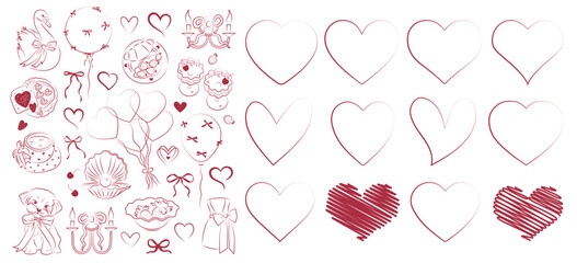 Valentine day red icons. Hand drawn love hearts. Vector illustration. Heart in red color, party icon for design. Love, romance hearts. Vector icons. Heart love symbol, bows. For gifts, Valentine's Day