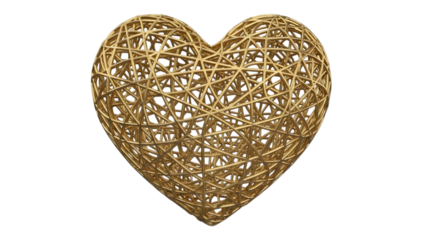 Intricate golden wire heart shape with complex woven texture isolated on a transparent background
