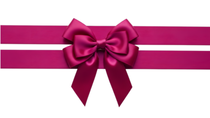 Large shiny magenta satin bow tied on horizontal ribbon isolated on a transparent background