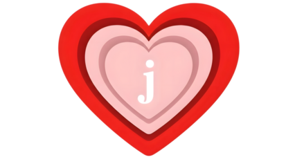 Layered red and pink heart shape with lowercase letter j inside isolated on a transparent background