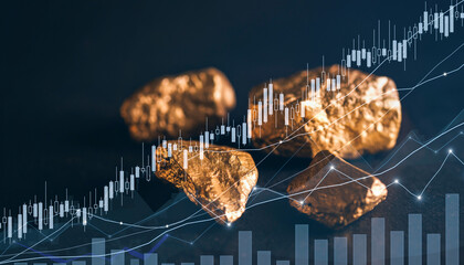 Golden nuggets with rising stock market charts and graphs