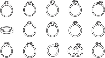 A collection of various diamond ring illustrations on a white background