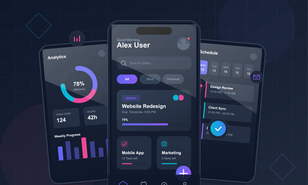 User interface shows analytics data and a task schedule for a website redesign project. The screen includes tasks and progress details. This is designed for a mobile app.