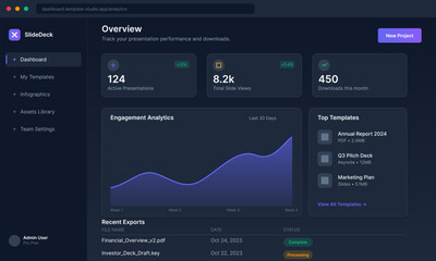 Data shows 124 active presentations and 8.2k views in the last month. Engagement analytics highlight user interactions and downloads from the dashboard interface.