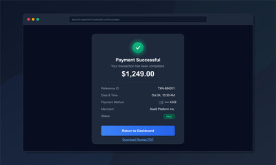 Fototapeta na wymiar A transaction shows payment confirmation of $1,249 on a computer screen. The details include reference number, date, time, payment method, and merchant information.