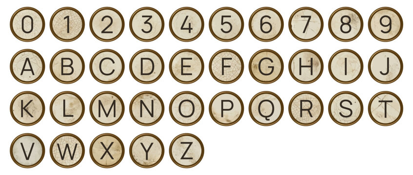 Vintage typewriter keys round mechanical buttons with alphabet and numerals set with grunge textures