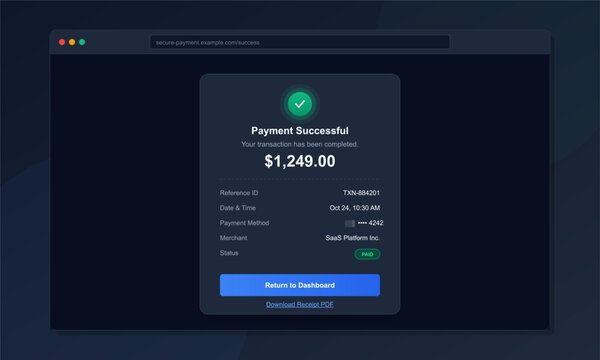 A transaction shows payment confirmation of $1,249 on a computer screen. The details include reference number, date, time, payment method, and merchant information.