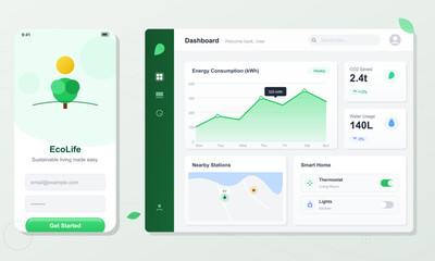 User interface of a sustainable living app shows energy consumption charts, water usage metrics, nearby stations, and smart home controls. The display emphasizes eco-friendly features.